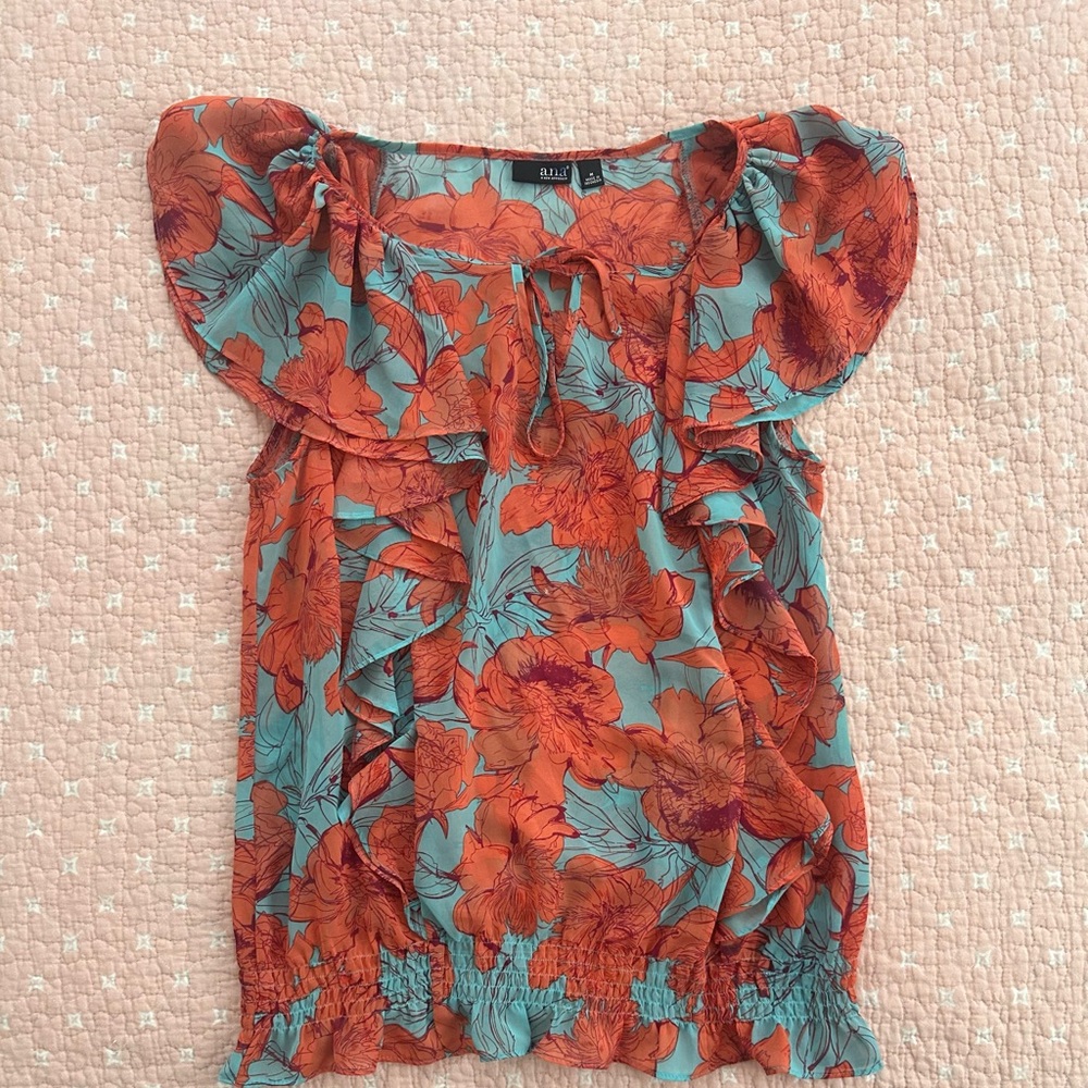 Ruffled Floral Blouse in Teal and Orange